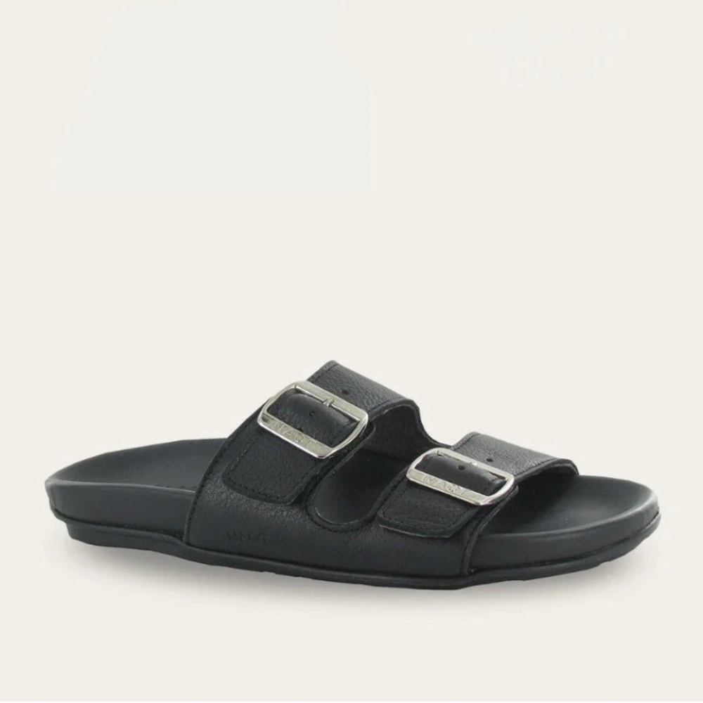 Naot Black Slide Sandals with Metallic Buckles